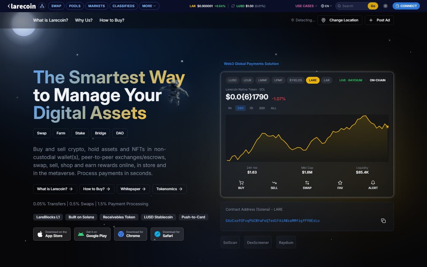 Larecoin Web3 payments dashboard showing crypto wallet and DEX swap interface
